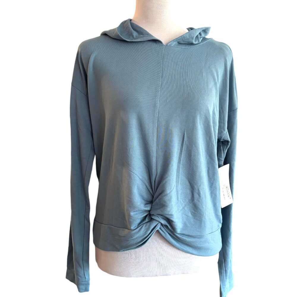 NWT Zella Kid Twist Front Hoodie Long Sleeve Hooded Knit Top Blue Girls XL 14/16